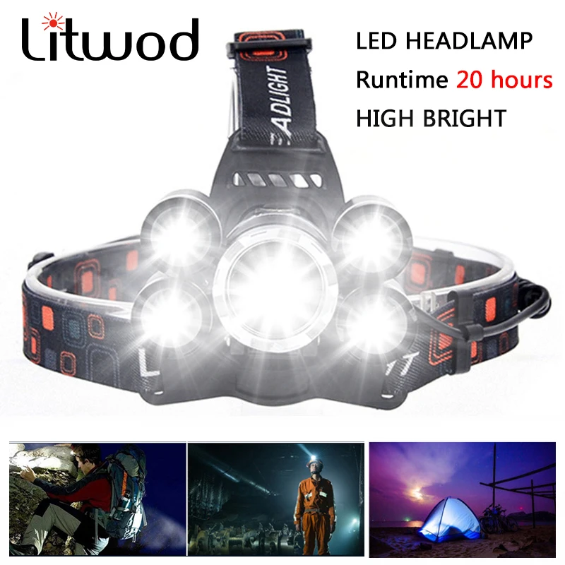 Litwod Z20 высокое Мощность 5 светодиодный налобный фонарь фар 12000lm Cree Xml T6 18650