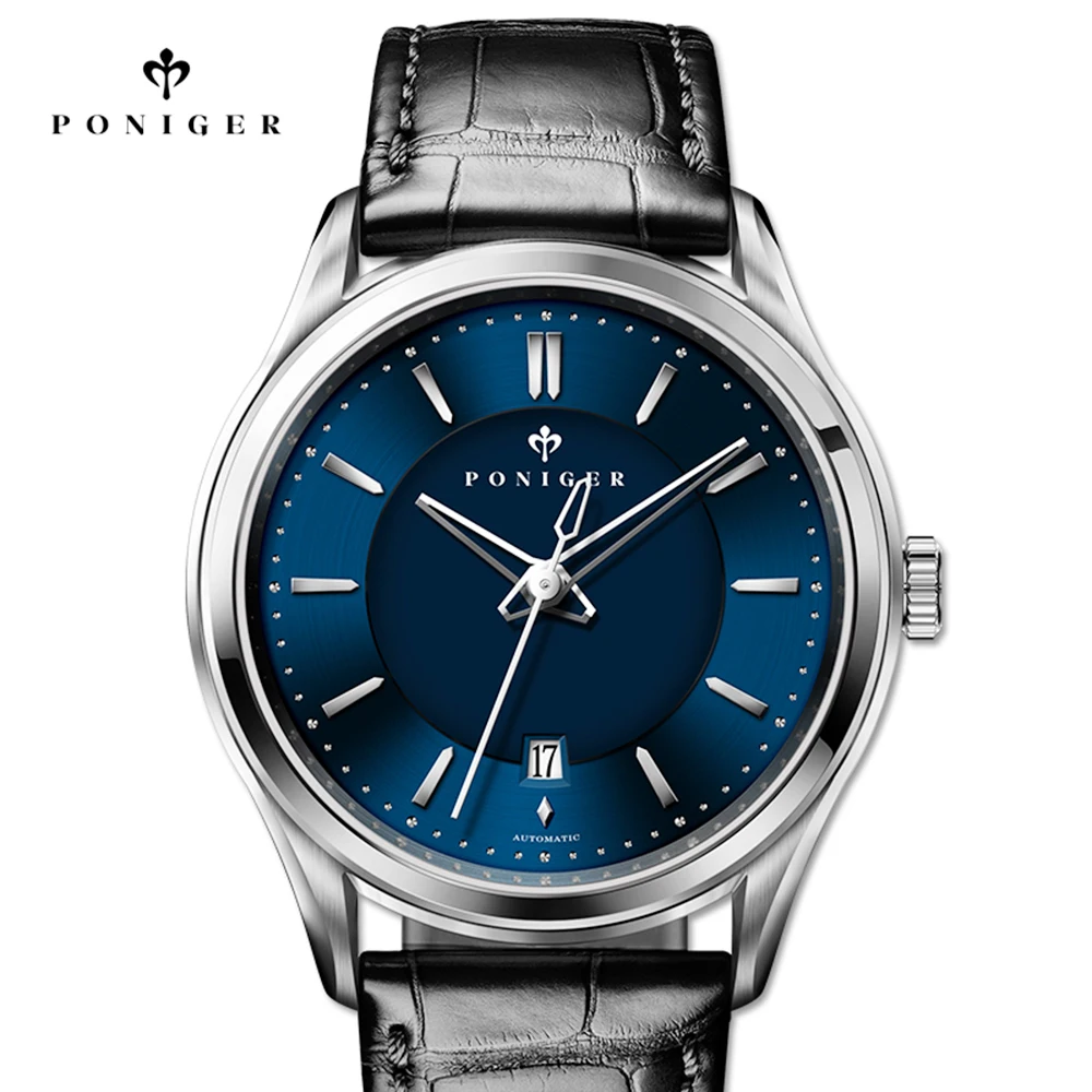 Poniger Fashion Men's Watches Automatic Movement Male Wristwatch Leather Sapphire Date Design Waterproof Genuine Clock | Наручные