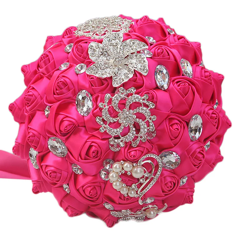 White/Red/Blue Rose Artificial Flowers Bouquet With Diamond Pearl Wedding Decoration Romantic Bride Holding Flower Bouquet Gif