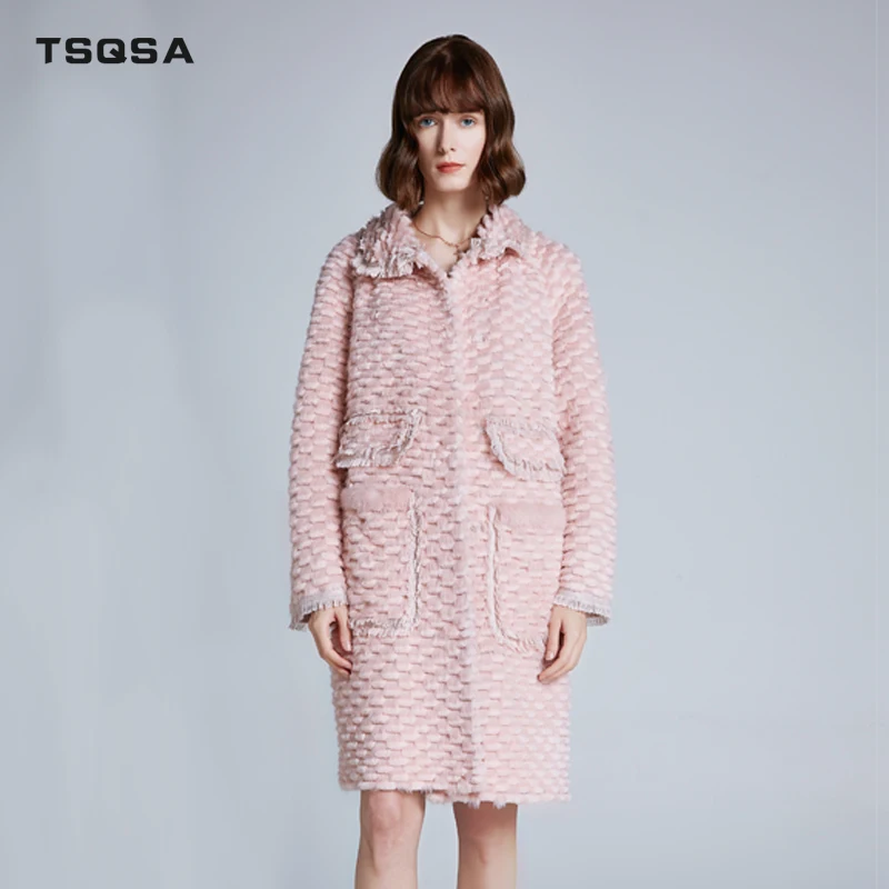 TSQSA Роскошный натуральный мех пальто женское осенне-зимнее длинное пальто с круглым вырезом Женская норковая Меховая куртка одежда TAC1928