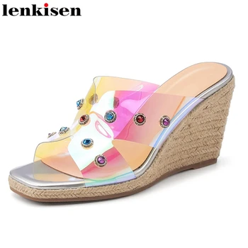 

Lenkisen jelly shoes high quality straw colorful crystal rhinestones thick bottom slip on beauty lady shiny summer slipper L63