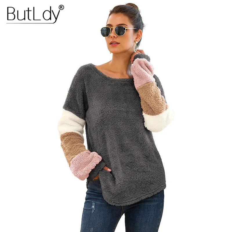 

Round Neck Stitching Sweatshirt Women 2019 Autumn Winter New Style Loose Warm Women Hoodies Long Lantern Sleeves Sweatshirt