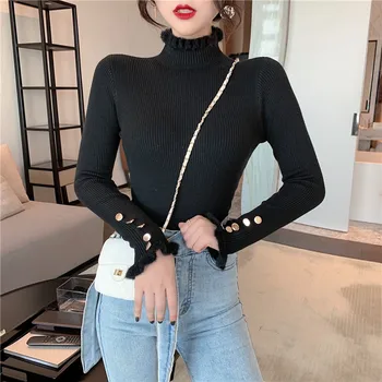 

Fall Solid Ruffles Button High Neck Long Sleeve Slim Stretch Knit Sweater Women Cute Bandage Pullover Korean Knitted Fashion Top