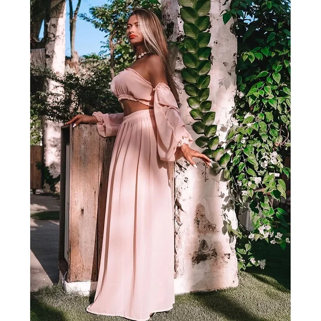 new Women's Clothing Set Off Shoulder Long Sleeve Tops and Cover Up Skirt Two-piece Suit for Travelling Beach Vacation Pink