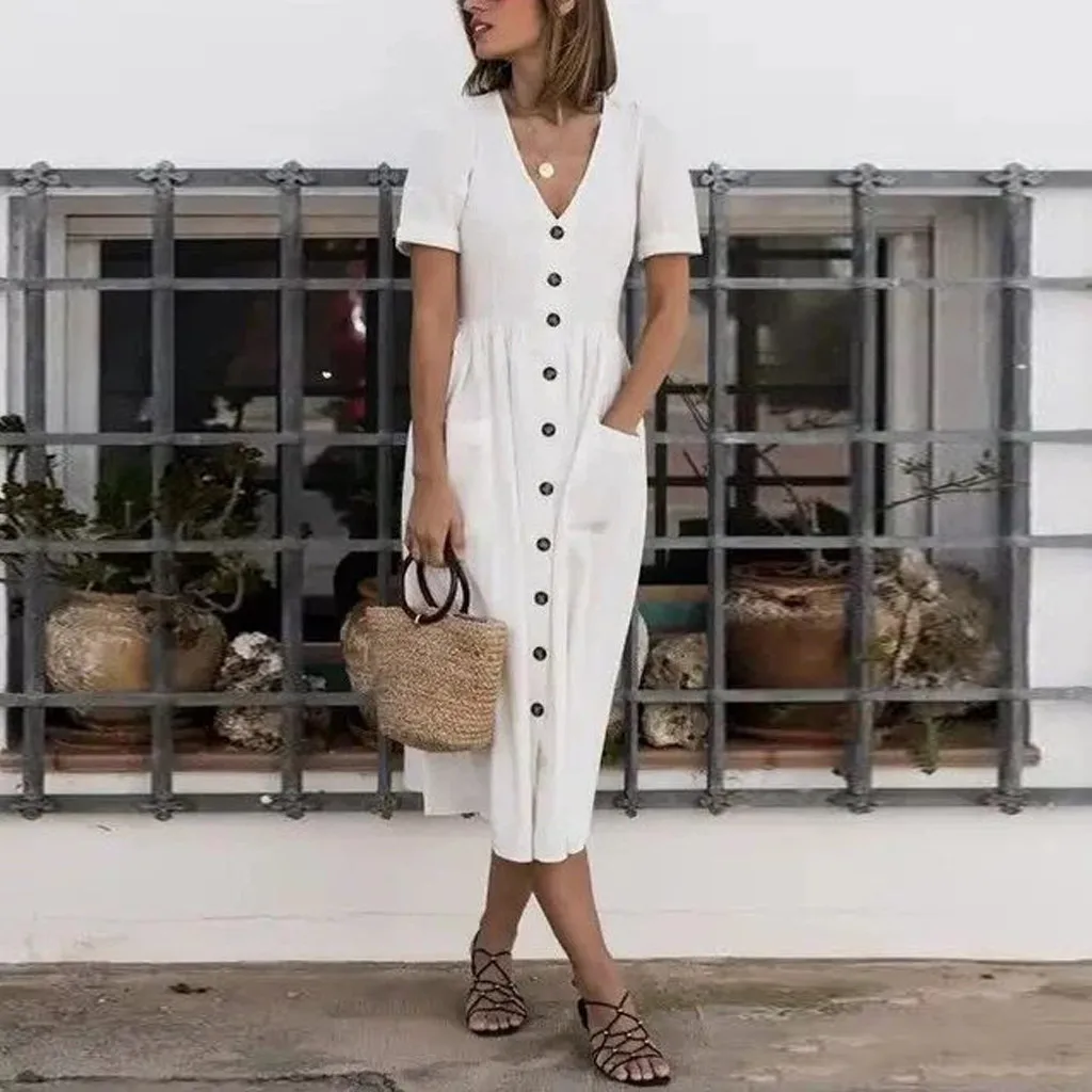 

2019 Summer Short Sleeve Shirt Dress Women's Sundress Vintage V Neck Button Down Linen Dress Robe Casual Oversize vestidos