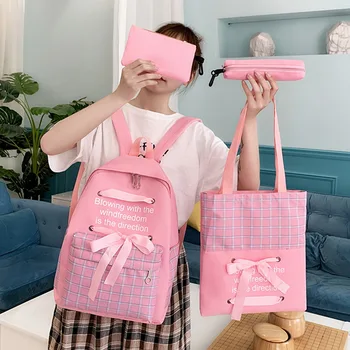 

New Girls Canvas Four-piece Large Capacity Backpack Color Fashion Casual Bagpack School Bags For Women Schulrucksack