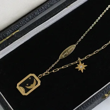 

Vinatge Byzantine star moon black enamel necklace clavicle chain stainless steel square pendant necklace for women retro gold