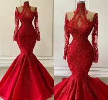

Modest Red Lace Mermaid Arabic Evening Dresses Appliques Beaded Long Prom Formal Gowns Full Sleeves 2022 Robe De Soirée