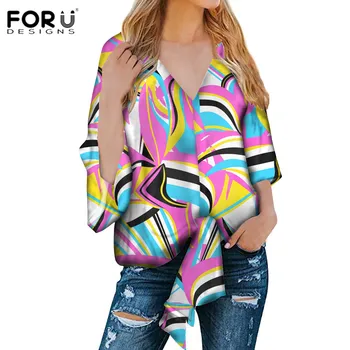 

FORUDEGINS Art Colorful Print Women's Blouse Shirt Femme Summer Clothing Three Quarter Sleeves Fashion Sales camisa feminina