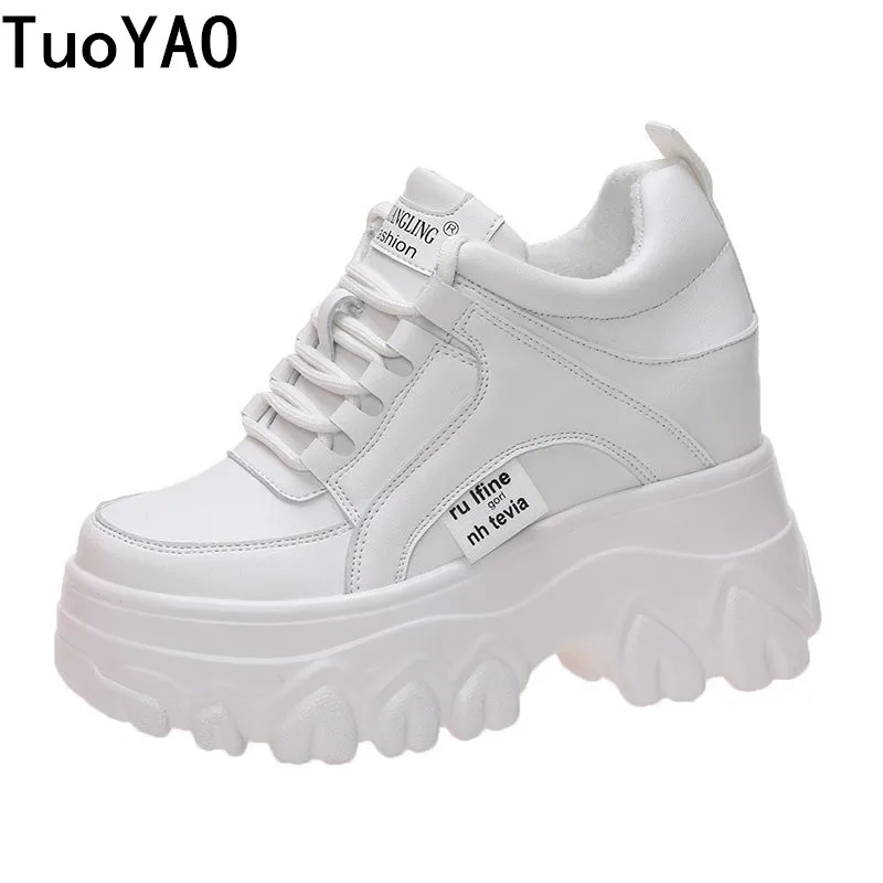 WomenLeatherPlatformSneakersSpringTrainersWhiteShoes9CMHigh