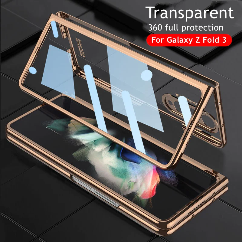 kawaii samsung cases Front Tempered Glass Transparent Case for Samsung galaxy Z Fold 3 5G Cover Plating Frame Hard Clear S Pen Slot Holder Back Case best case for samsung