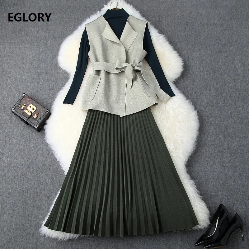 

3 Piece Set 2019 Autumn Winter Designer Clothing Suits Women Long Sleeve Pullovers+Belted Vest Jacket+Mid-Calf Pleated Skirt Set
