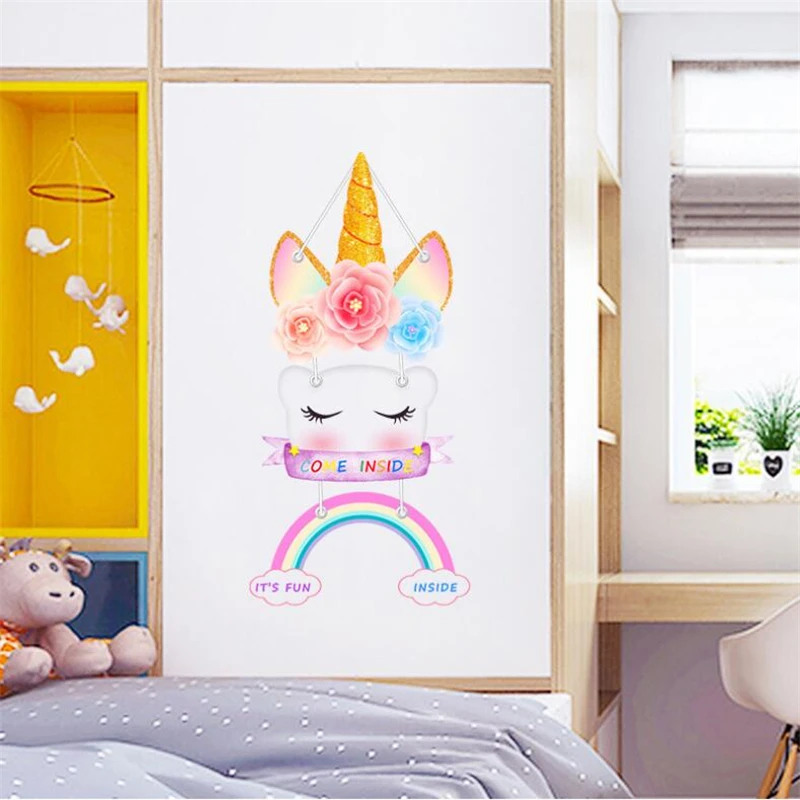 Wall Stickers cheap Colorful Unicorn Rainbow Wall Sticker Art Mural  Bedroom Waterproof Wall Decoration wall stickers for kids rooms Wall Stickers