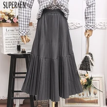 SuperAen, осенние и весенние новые женские юбки, повседневные одноцветные юбки, женские бархатные плиссированные юбки, корейский стиль