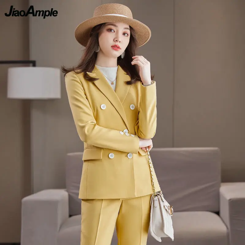 Women's Double-breasted Suits Autumn Casual Professional Suit Jacket Pants Two-piece Korean Fashion Blazers Coat Trousers Set women s autumn winter new golden velvet professional suit jacket matching set korean elegant casual blazers pants two piece