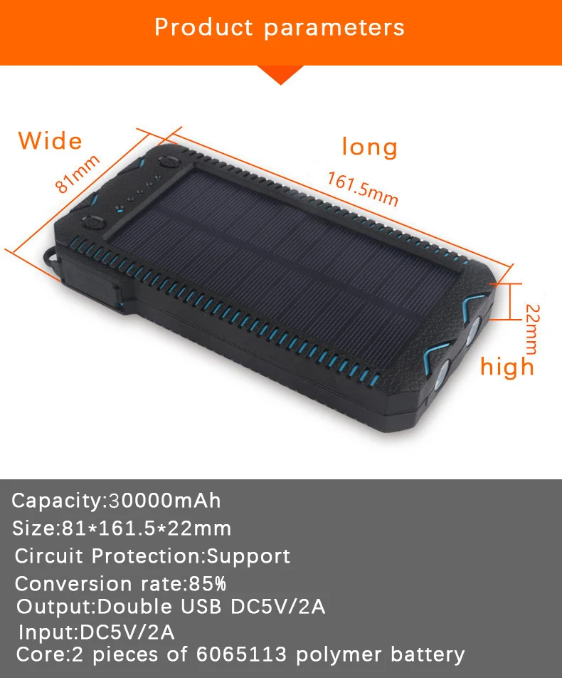 Xiaomi Hot 30000mAh Солнечное зарядное устройство водонепроницаемый пылезащитный двойной USB выход двойной светодиодный фонарик зажигалка с литиевой батареей