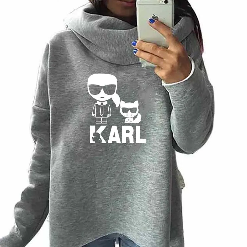 

Printed Clothes Sweatshirts Female Oversized Tops 2019 Fashion Funny Hoddies Scarf Collar Vintage Casual Cartoon Karl Lagerfeld