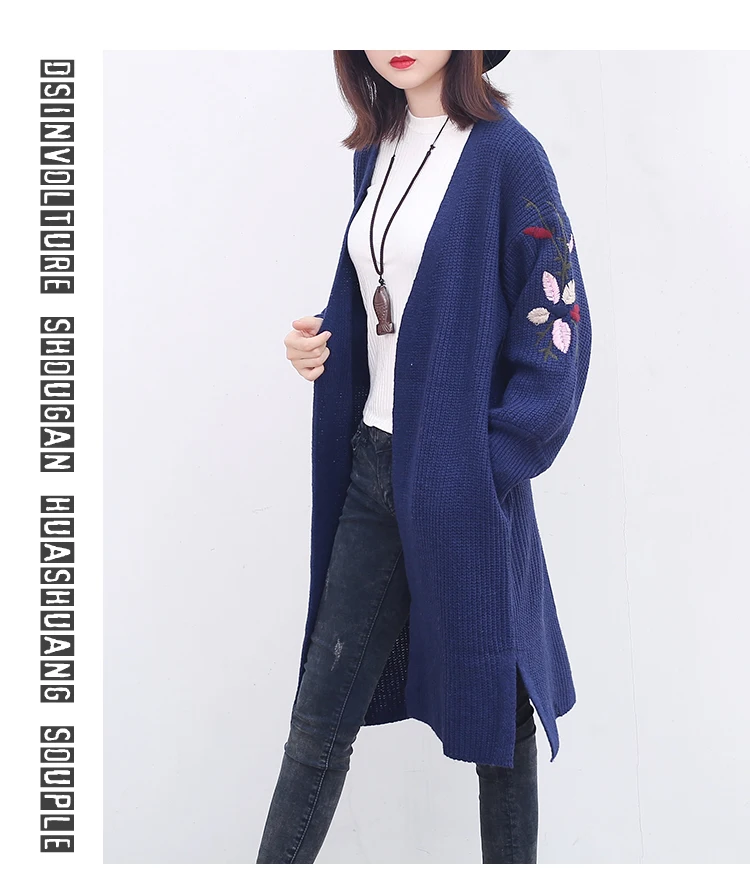 Qh2018 Autumn New Style Large Size Dress Medium-length Versatile Embroidery Long Sleeve Knitted Coat Women's Hot Selling