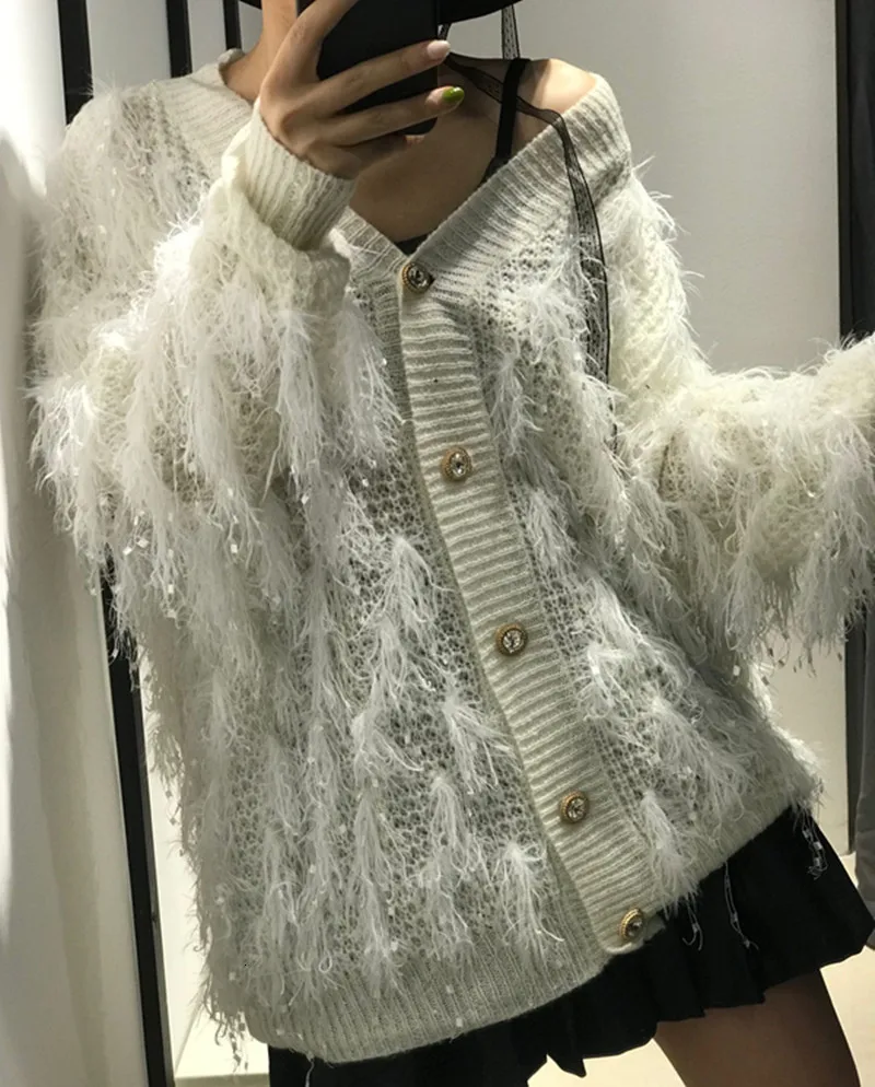 2019V female Sweater collar long tassel metal buckle decorative knit sweater