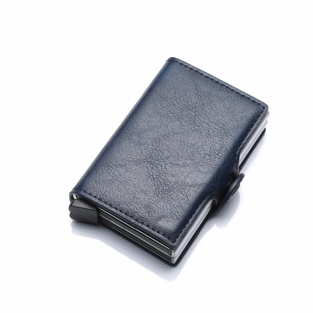 Dark Blue RFID мужской кожаный ID кредитный держатель для карт мужской автоматический алюминиевый сплав Hasp Box бизнес двойной слой визитница кошелек для мужчин - Цвет: Dark Blue