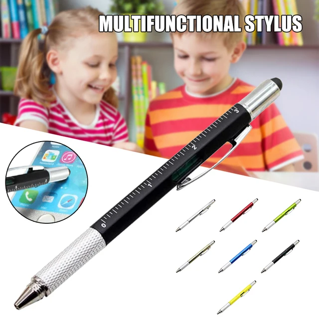 6 in 1 Multi functional Stylus Pen with Black Blue Refill Tool Tech Ballpoint Pen with