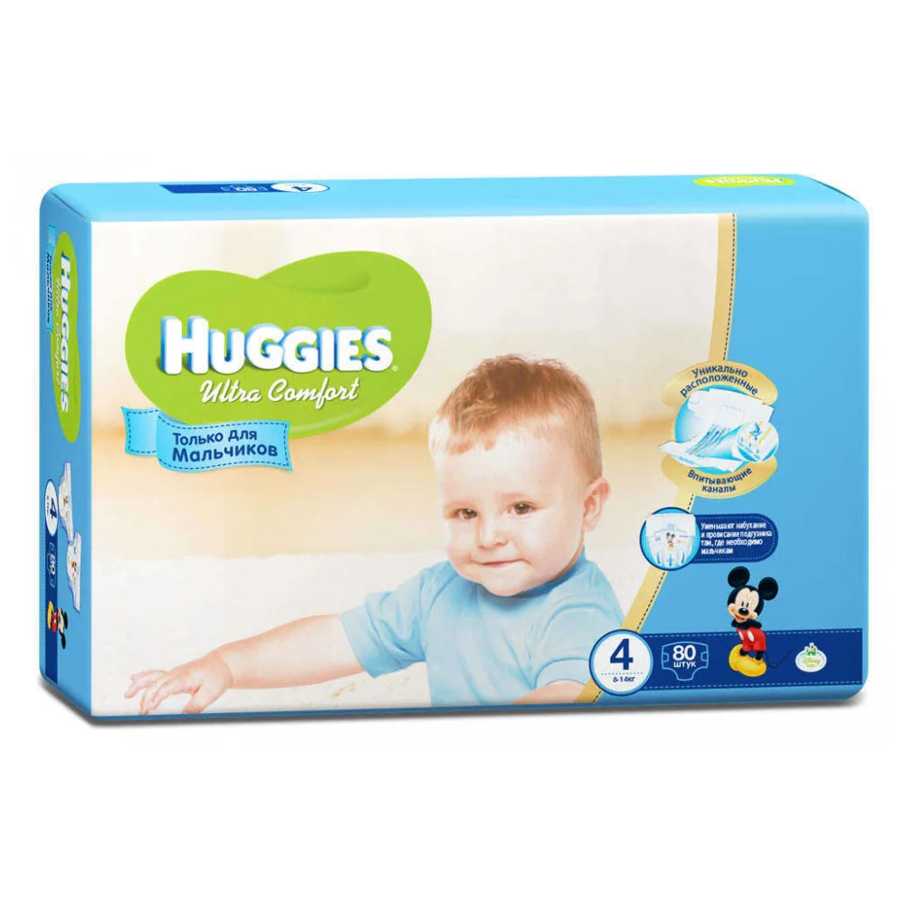 Подгузники Huggies Ultra Comfort для мальчиков 4(8-14 кг) 80 шт