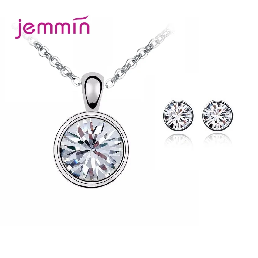 925 Sterling Silver Jewelry Set Pendant Necklace Hoop Earrings For Women Shiny Crystal Bijoux jewelry set silver jewelry set crystal jewelry set