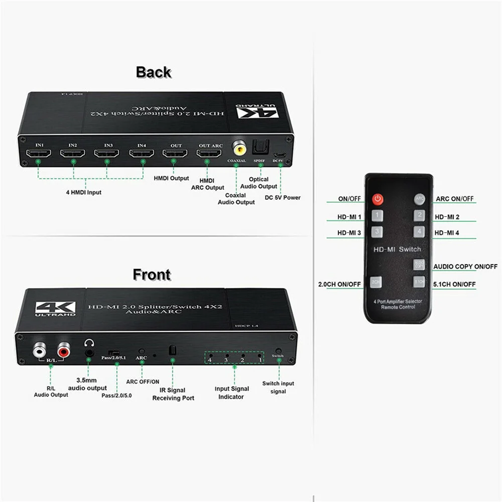 Extrator de Áudio com Arco 2.0 para Ps4 Kuwfi Hd-mi Interruptor Remoto 4x2 Hdr Switcher & ir tv Hdtv 4k - 60hz - Image 2