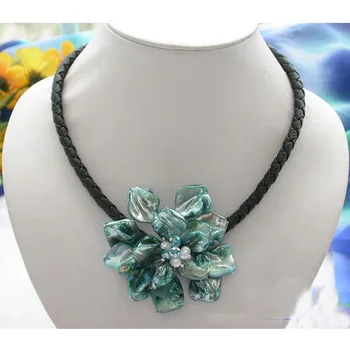 

Unique Pearls jewellery Store 18'' Blue Shell Basketry Flower Natural Pearl Leather Necklace Charming Women Jewelry Gift