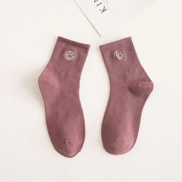 Smile Embroidery Woman Cotton Crew Socks Autumn Winter Cute Casual Elastic Ribbon Solid Color White Black Girl Tube Socks Chic Purple