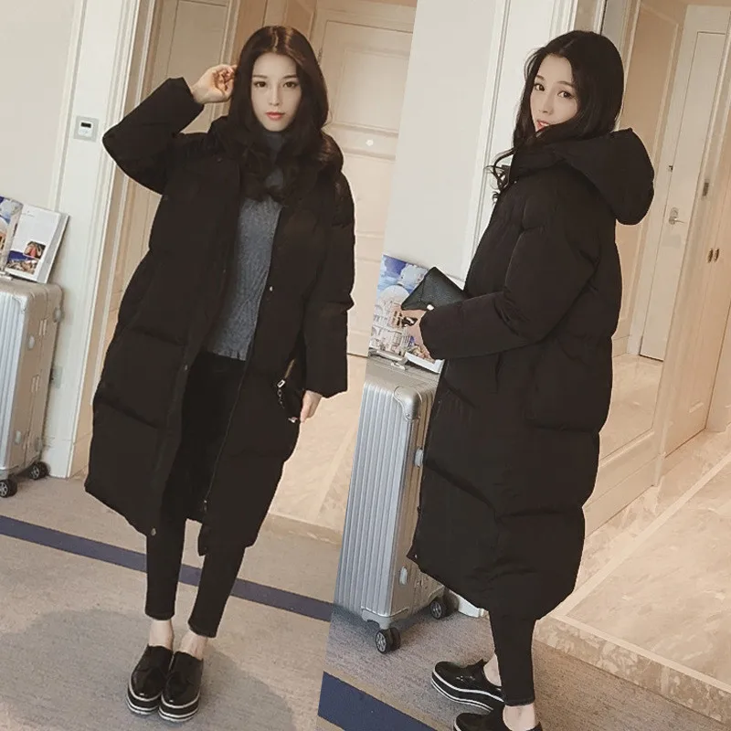 Женское зимнее пальто длинный пуховик в хлопковом пальто корейское Свободное пальто с капюшоном плюс размер женское теплое пальто с капюшоном хлопок тонкий