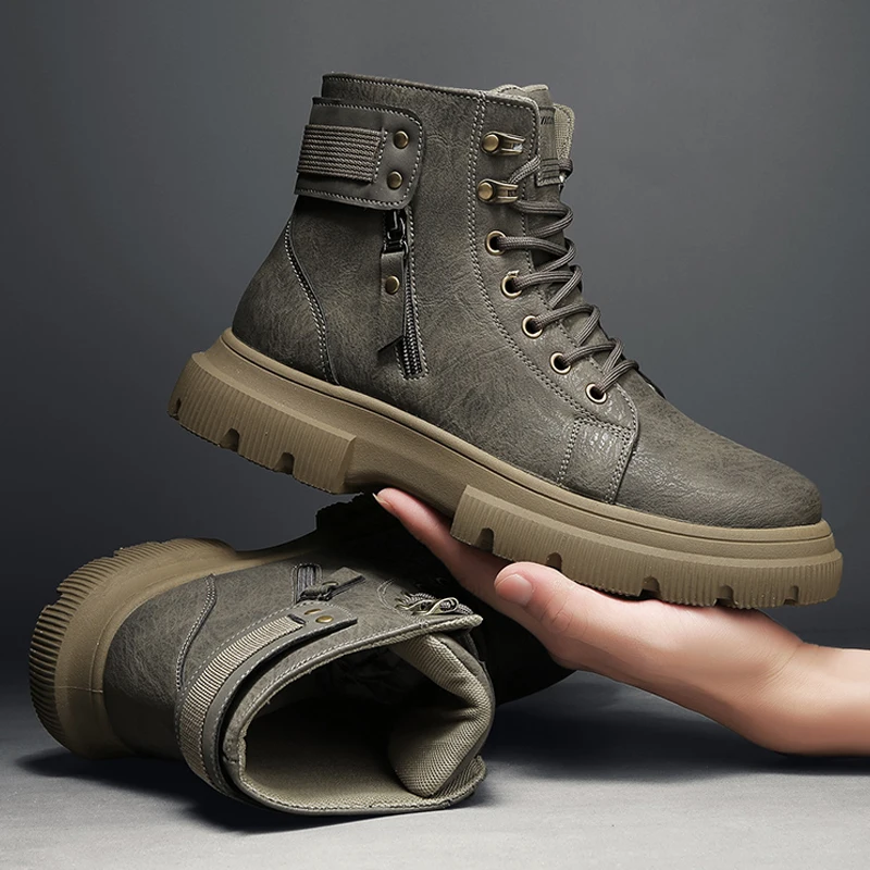 

Ботильоны мужские кожаные, винтажная повседневная обувь, на платформе, для работы на открытом воздухе, Осень-зима