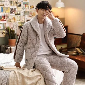

Men's Pajamas Winter Three-layer Quilted Plus Velvet Thick Coral Fleece Suit Flannel Warm Home Service Autumn and Winter Fashion