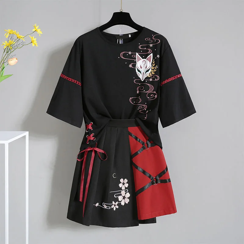 Japanese Culture Red Ribbon Themed T-Shirt and Skirt for Women (Different Sizes)