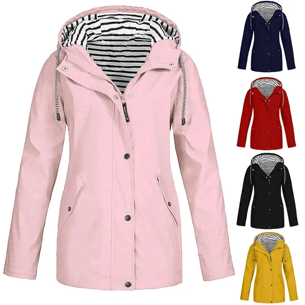 

Women's Solid Hooded Rain Jacket Outdoor Waterproof Windproof Loose Coat Zipper Pocket Lady Coats Autumn Winter Warm Outerwear#D