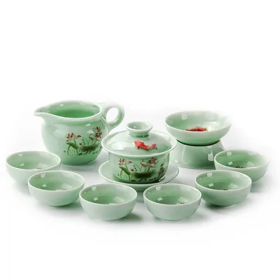 Чайный набор Longquan Celadon, керамический набор, ручная роспись, кунг-фу, чайный набор, миска чайник, чайная чашка для офиса