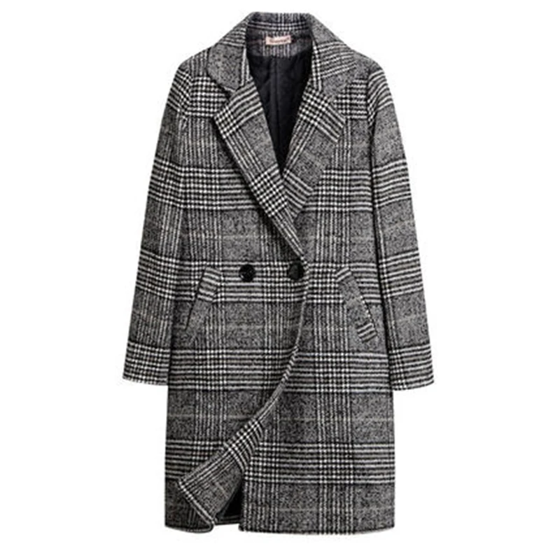 

Women's Korean Plaid Coat Women's Long Loose Windbreaker Straight Autumn Winter Thick Woolen Coat Tide Gray Suit Collar L65