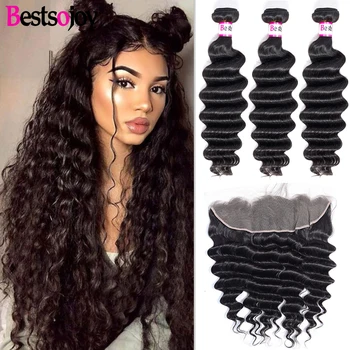 

[Bestsojoy] Loose Deep Bundles With 13x4 Lace Frontal M Remy Human Hair 3 Bundles With Ear To Ear Lace Frontal Brazilian Hair