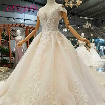 

AXJFU luxury princess beading crystal flower white lace wedding dress vintage boat neck white rose bride wedding dress 4001