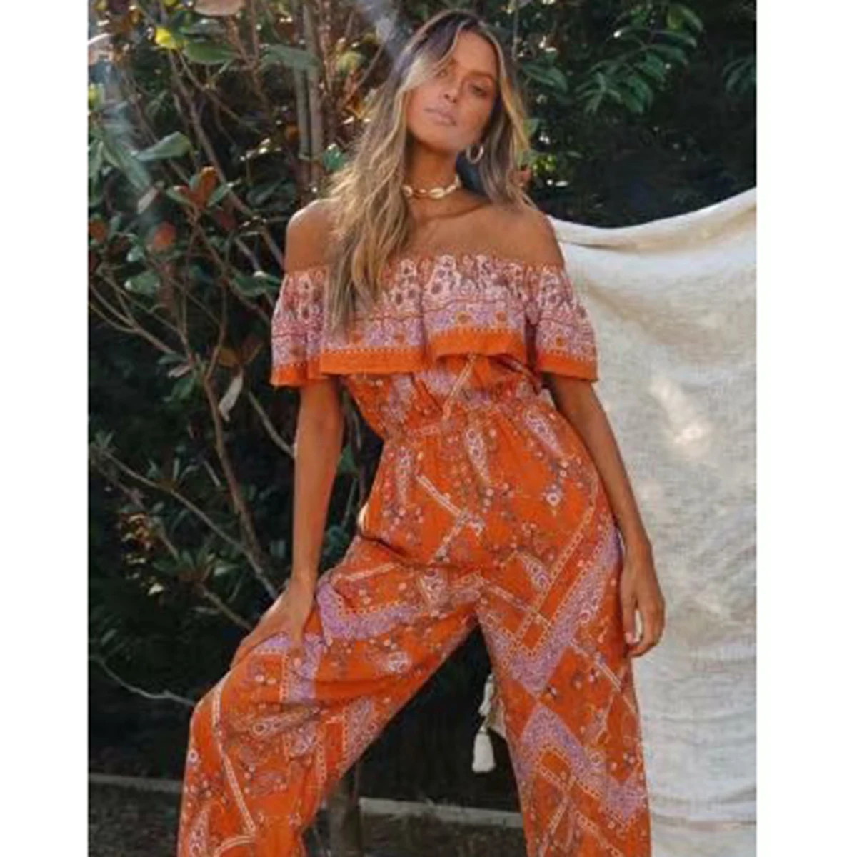 

Floral Print Woman Jumpsuit Summer Sexy Off Shoulder High Wasit Wide Leg Playsuit Boho Beach Casual Clothes Romper Overalls 2020