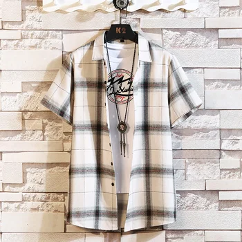 Brand Summer Men's Plaid BLACK WHITE Shirt Fashion Short Sleeve Casual Shirts Plus Asian SIZE M-4XL 5XL 1