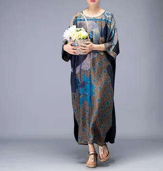 

Summer Silk Retro Print Dress Original Classic Packwork Long Maxi Dress Chinese Style Female Plus Size Vintage Robe Dresses