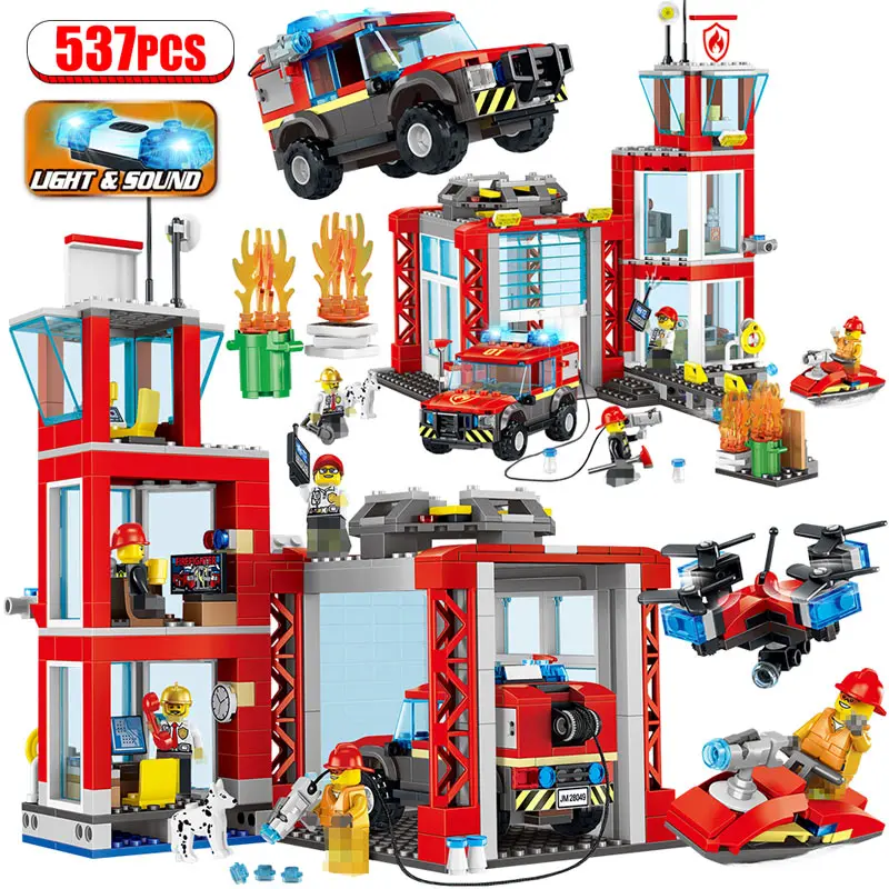 

537pcs City Fire Department Building Blocks Compatible Legoing Fire Fighting Car Helicopter Boat Figures Bricks Children Toys