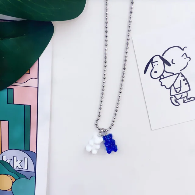 white blue Ожерелье ручной работы из нержавеющей стали с милым медвежонком из мультфильма Джуди, 7 цветов, подвеска карамельного цвета для женщин и девушек, повседневные ювелирные изделия, вечерние украшения, подарок - Окраска металла: white blue