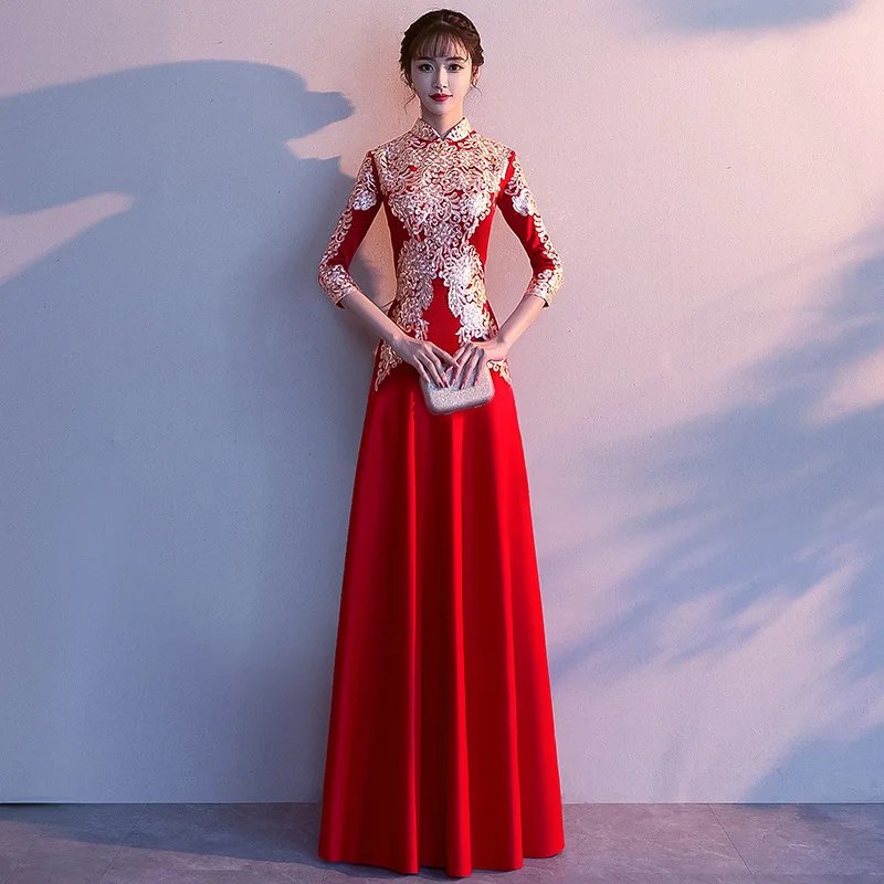 Модная Русалка длинное Cheongsam красное современное свадебное винтажное платье Qi Pao женское традиционное китайское вечернее китайское платье-Ципао акция - Цвет: red A line