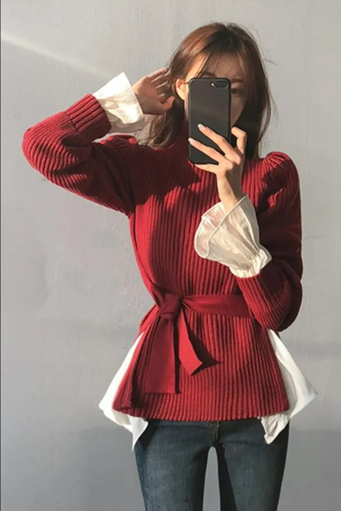 WHITNEY WANG/ осенне-зимний модный уличная одежда в Корейском стиле, свитер с разрезом по подолу и поясом женский джемпер sueter mujer invierno