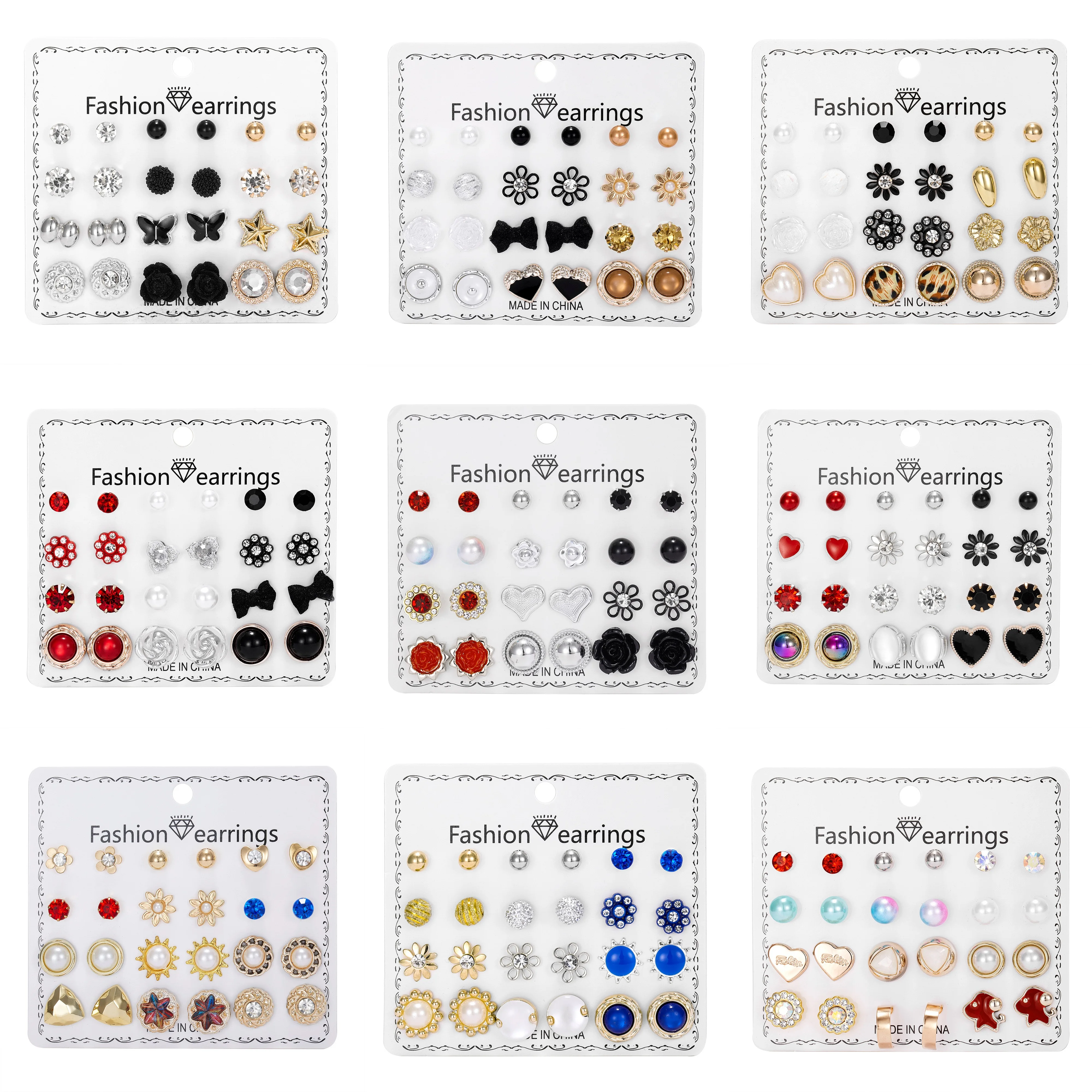 12 Pair Mixed Pearl Rhinestone Stud Earring For Women Fashion Simple Flower Heart Butterfly Earrings Wedding Party Jewelry | Украшения и