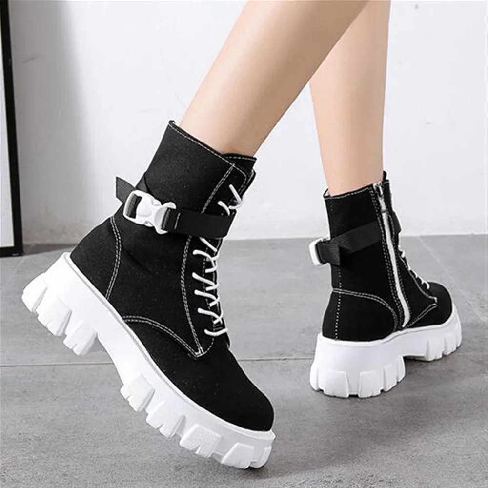 

2021 Autumn New Women's Ankle Boots Canvas Round Toe Mid Heel Sneakers For Woman Fashion Platform Lace Up Shoes Botas Mujer