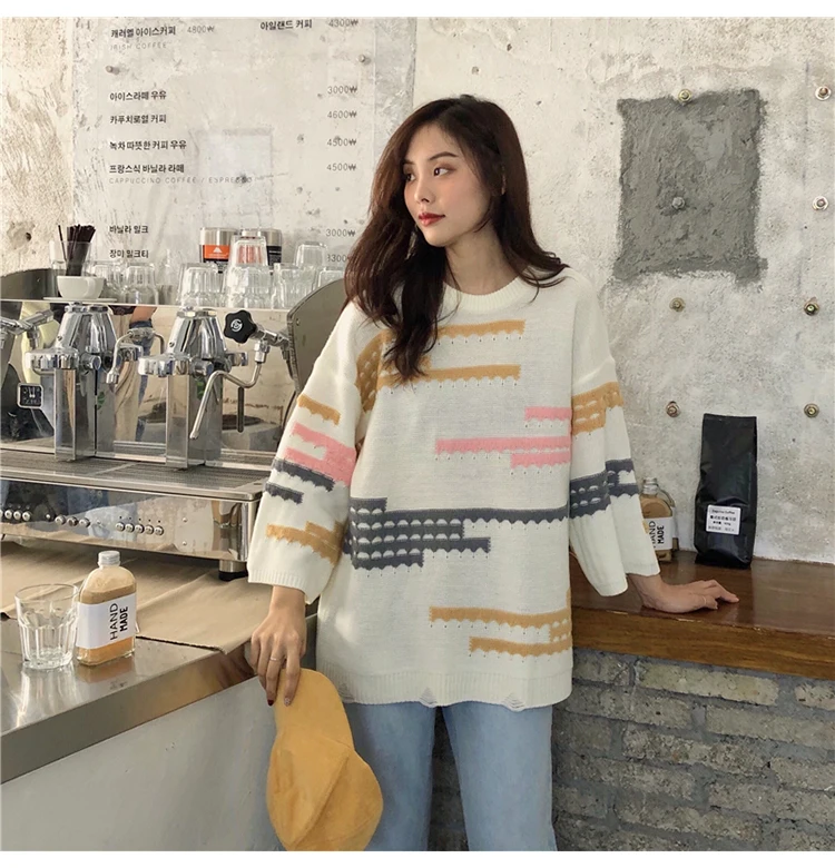 Trytree Winter Women Casual Sweater O-neck Lantern Sleeve Computer Knitted Geometric Knitted Loose Office Lady Sweater Top