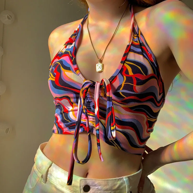 Women Printed Halter Crop Top Drawstring Ruched Backless Off Shoulder Summer Tank Camis Vest 2021 Streetwear Tees Yuqung | Женская